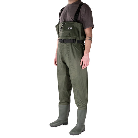 Nylon Chest Waders – PVC Coated, Front Pocket, Built-In Boots