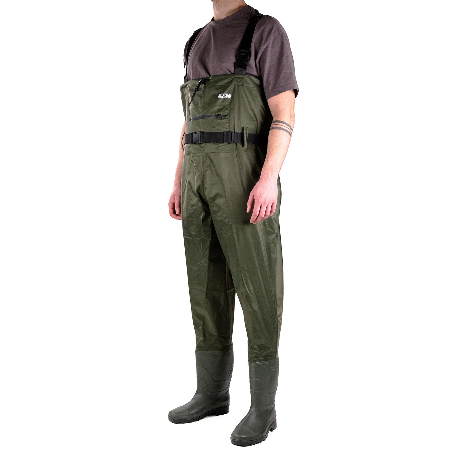 Nylon Chest Waders – PVC Coated, Zipped Front Pocket, Built-In Boots